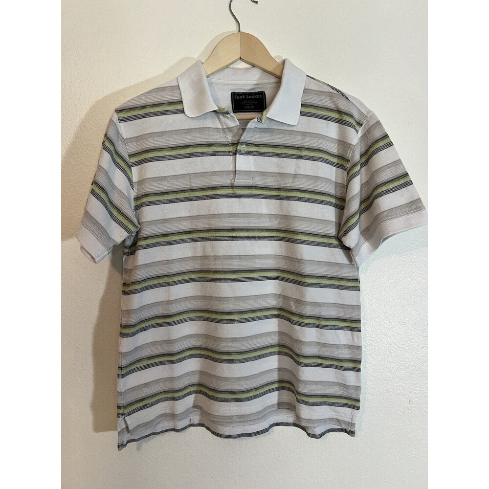 Vintage Foot Locker Polo Shirt Size M White Gray Green Blue Short Sleeve Stripe